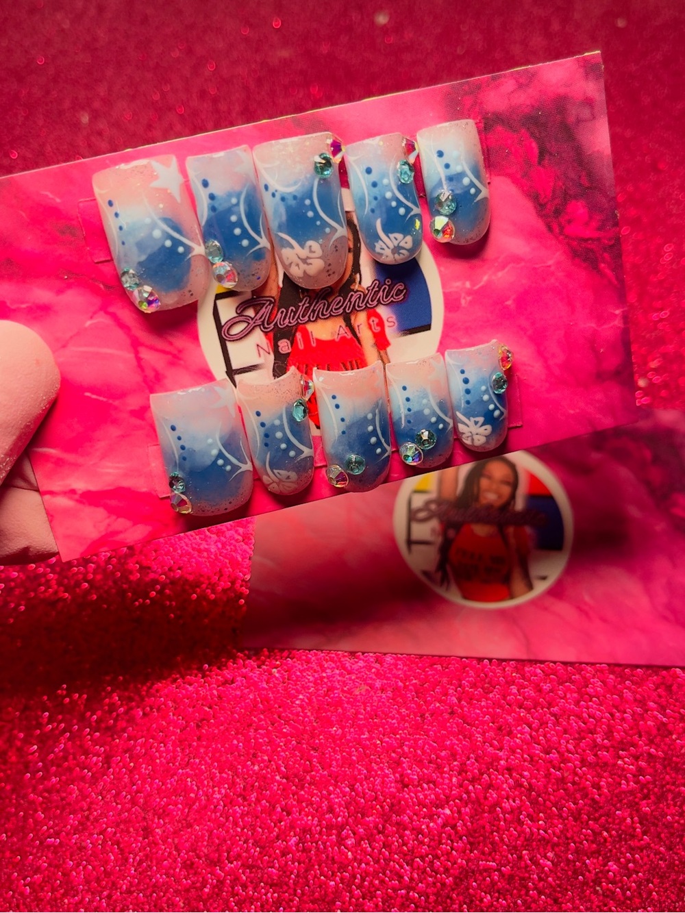 Blue & White Ombre Press-On Set with Rhinestones